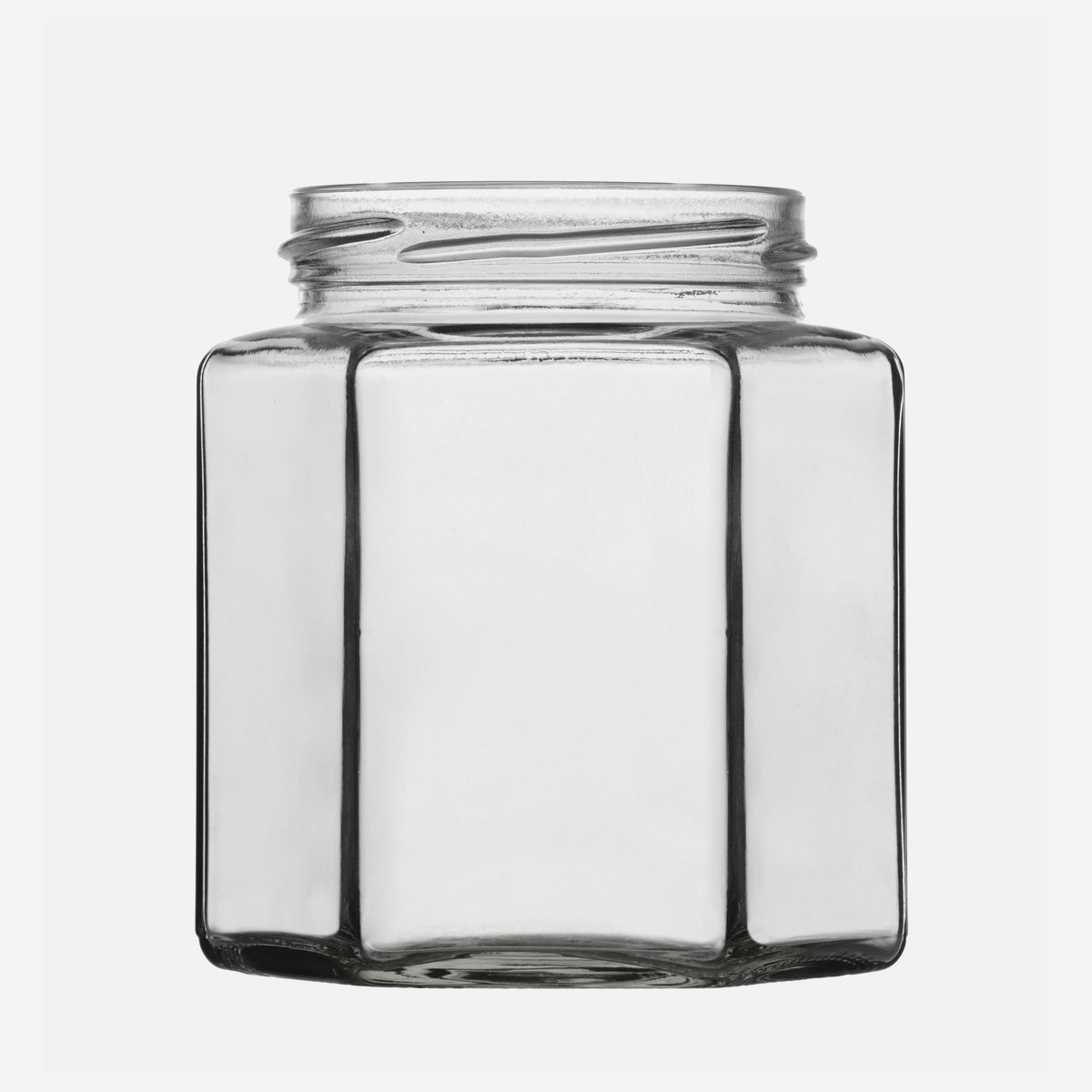 Glas sechseckig 390 ml 70 mm Mündung mit weißem Deckel 1 Einheit 
